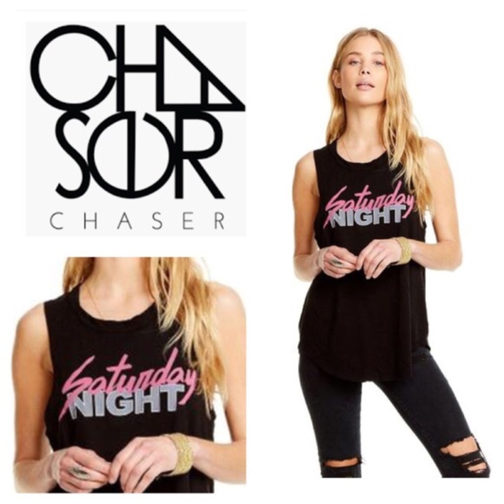 NEW Chaser Saturday Night Graphic Print Tank Top Black & Pink Cotton Summer